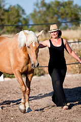 Image showing young woman training horse outside in summer