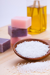 Image showing welnness spa objects soap and bath salt closeup