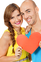 Image showing happy young couple in love with red heart valentines day 