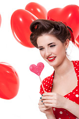 Image showing smiling young attractive girl woman with red lips isolated