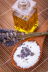 Image showing lavender massage oil and bath salt aroma therapy wellness