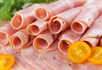 Image showing boiled pork sausages slices