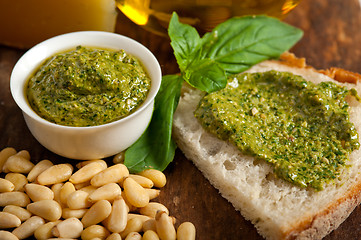 Image showing Italian basil pesto bruschetta ingredients