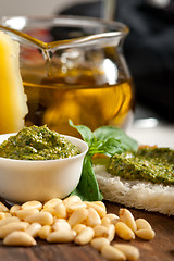 Image showing Italian basil pesto bruschetta ingredients