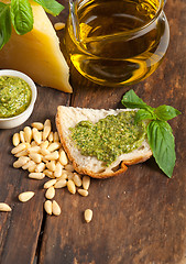 Image showing Italian basil pesto bruschetta ingredients