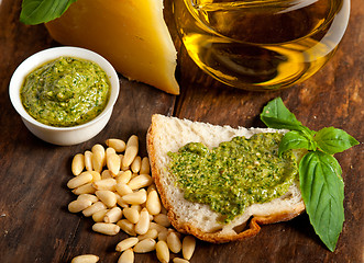 Image showing Italian basil pesto bruschetta ingredients