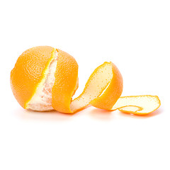 Image showing orange with peeled spiral skin isolated on white background