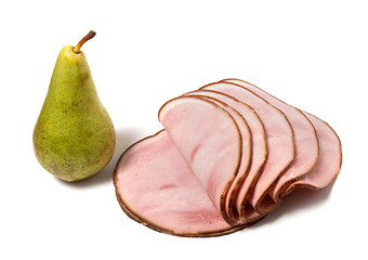 Image showing singlde pear and smoked meat slices isolated on the white backgr