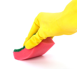 Image showing Hand in yellow glove with sponge