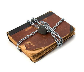 Image showing tattered book with chain and padlock isolated on white backgroun