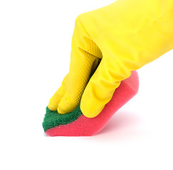Image showing Hand in yellow glove with sponge
