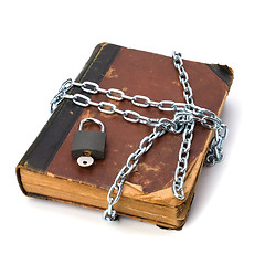 Image showing tattered book with chain and padlock isolated on white backgroun