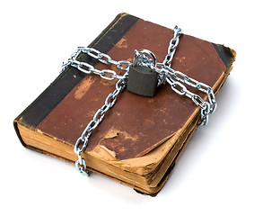 Image showing tattered book with chain and padlock isolated on white backgroun