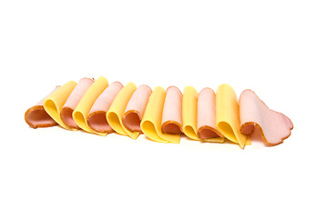 Image showing meat and cheese slices isolated on white 