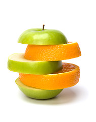 Image showing mixed sliced fruits and pills isolated on white background