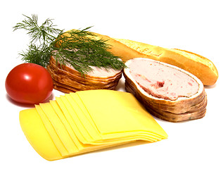 Image showing meat and cheese slices isolated on white 