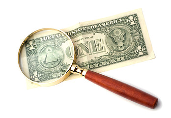 Image showing hand magnifier over banknote isolated on white background