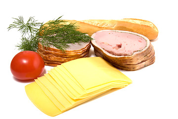 Image showing meat and cheese slices isolated on white 