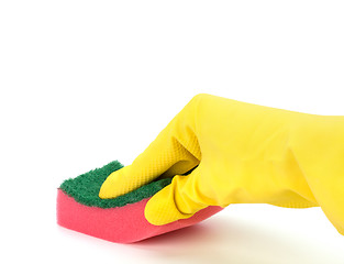 Image showing Hand in yellow glove with sponge