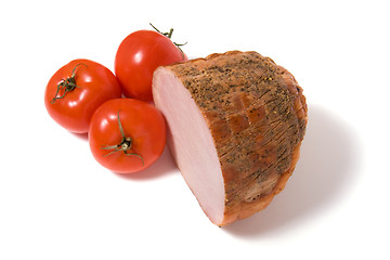 Image showing smoked ham and  tomato isolated on white background