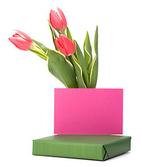 Image showing gift with pink tulips  isolated on white background