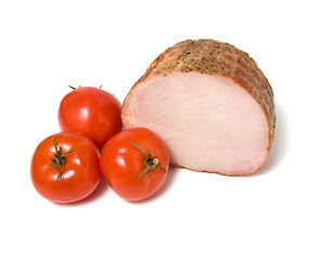 Image showing smoked ham and  tomato isolated on white background
