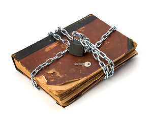 Image showing tattered book with chain and padlock isolated on white backgroun