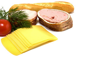 Image showing meat and cheese slices isolated on white 