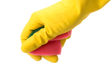 Image showing Hand in yellow glove with sponge