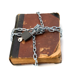 Image showing tattered book with chain and padlock isolated on white backgroun