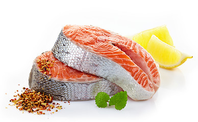 Image showing fresh raw salmon steak slices