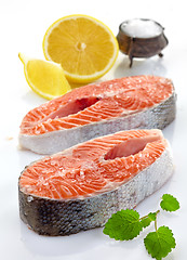 Image showing fresh raw salmon steak slices