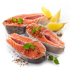 Image showing fresh raw salmon steak slices