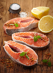 Image showing fresh raw salmon steak slices