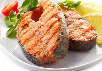 Image showing fresh grilled salmon steak slices