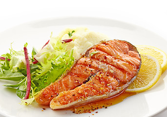 Image showing fresh grilled salmon steak slice