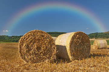 Image showing straw bales with rainbow