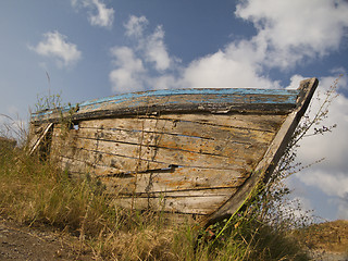 Image showing Old nautical vessel - abandoned on the dry land