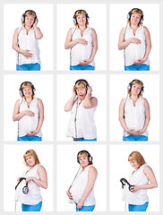 Image showing Collage Collection Pregnant Woman listening to music in headphon