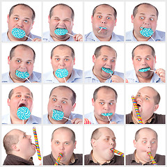 Image showing Collage portrait fat man eating a lollipop