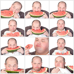 Image showing Collage portrait obese man eating a large slice of fresh juicy w