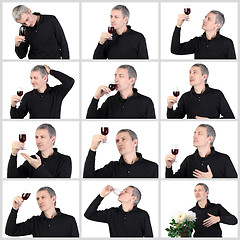 Image showing Collage Man tasting a glass of red port wine