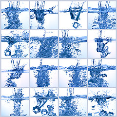 Image showing Collage water and ice cube splash