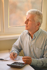 Image showing Serious elderly man with calculator