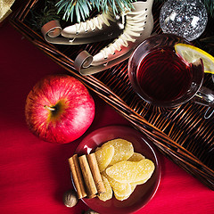 Image showing Christmas still life with hot wine and spices 