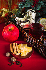 Image showing Christmas still life with hot wine and spices 