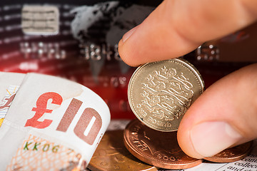 Image showing Coins, credit cards and british pounds on newspaper