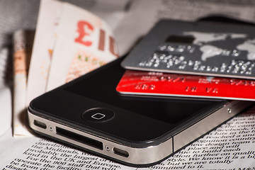 Image showing Credit cards, mobile phone and banknotes 