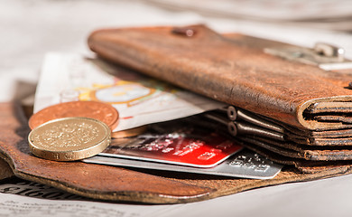 Image showing Coins, credit cards and british pounds on newspaper