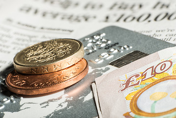 Image showing Coins, credit cards and banknotes on newspaper.